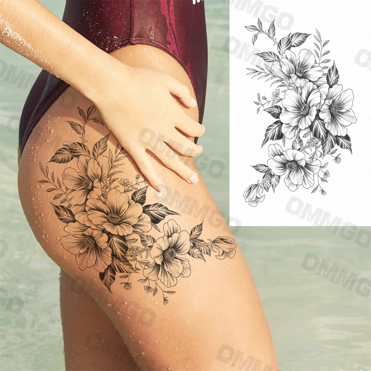 3D Black Mandala Moon Pendant Temporary Tattoos For Women Adult Girl Lotus Rose Flower Fake Tattoo Back Arm Chest Washable Tatoo