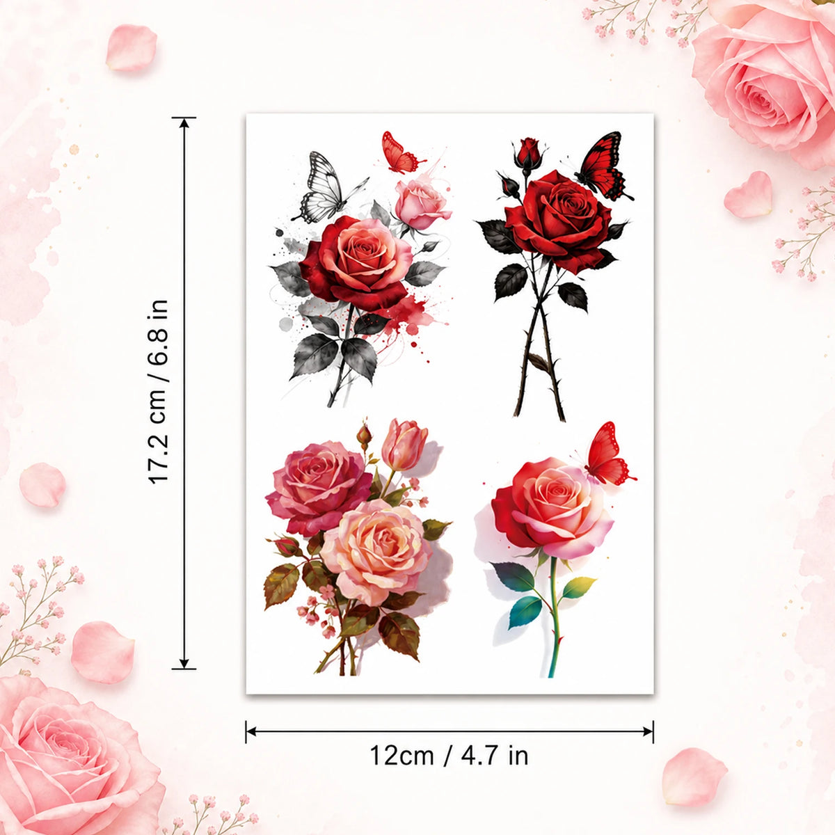 8 Sheets Watercolor Rose Flowers Temporary Tattoos For Women Adults, Realistic Florals Fake Tattoo Stickers , Colorful Bulk Half