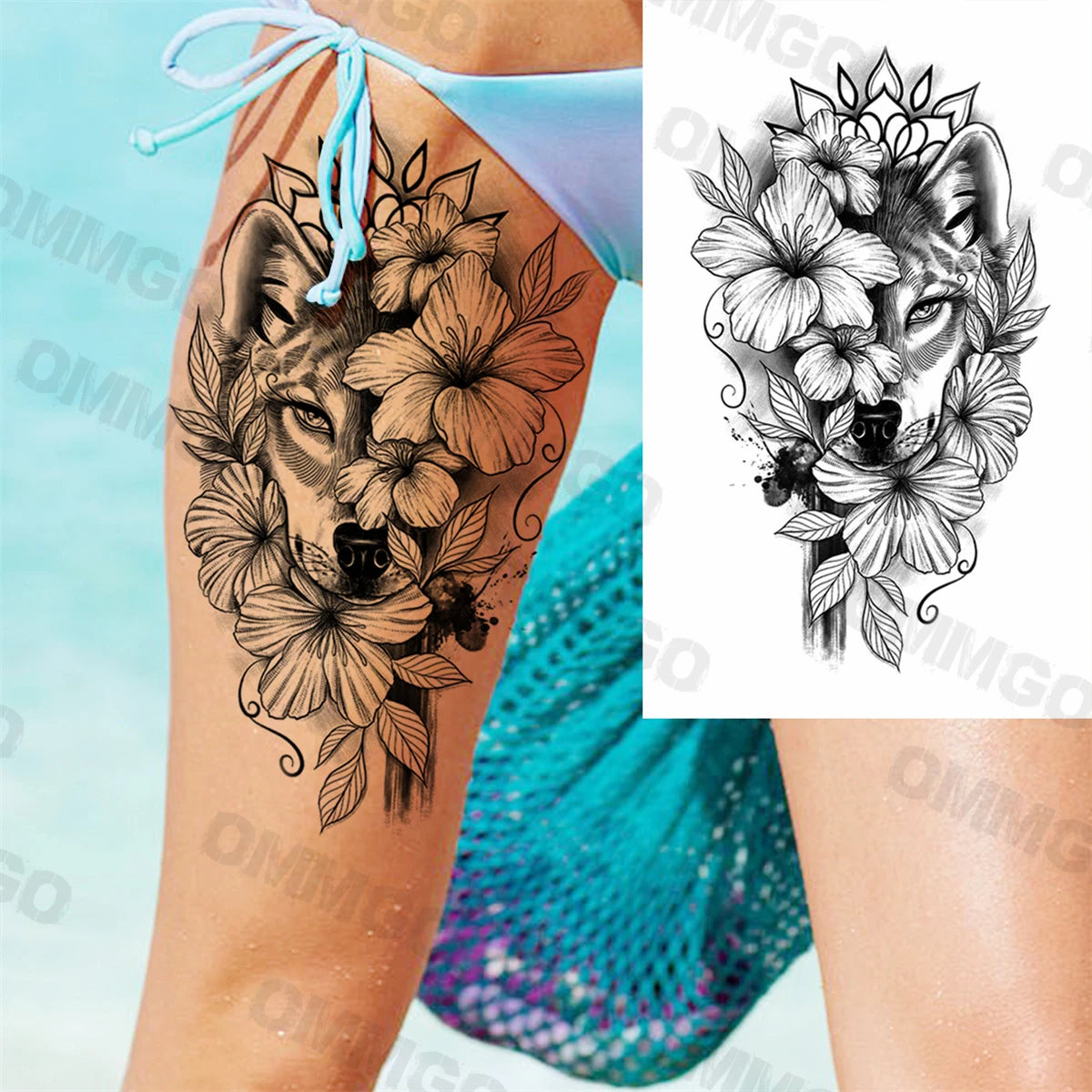 3D Black Mandala Moon Pendant Temporary Tattoos For Women Adult Girl Lotus Rose Flower Fake Tattoo Back Arm Chest Washable Tatoo