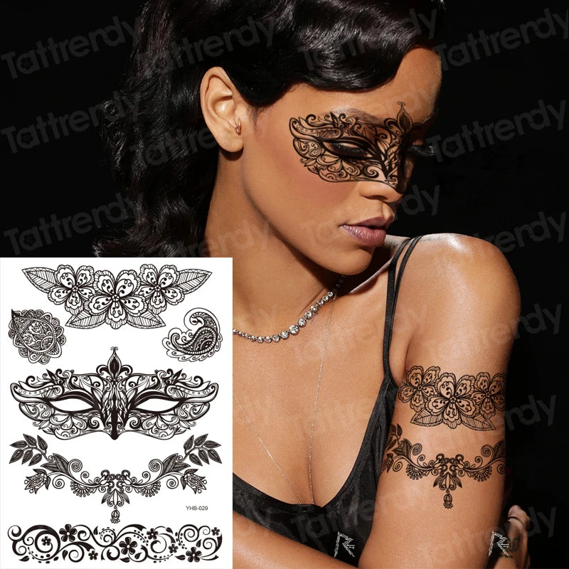sexy tattoo for women thigh tattoo body art black henna lace tattoo sticker girls leg arm sleeve tatoo stockings waterproof