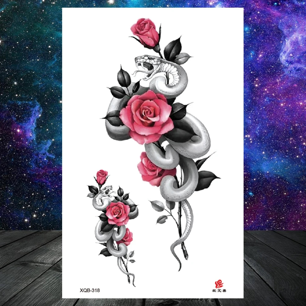 Lotus Flower Temporary Tattoo For Women Girls Snake Peony Lily Rose Chains Tattoos Sticker Black Blossom Fake Transferable Tatoo
