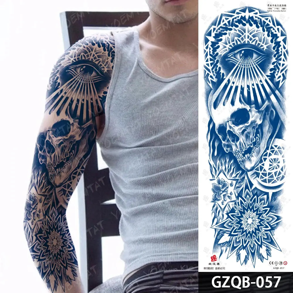 Semi-Permanent Herbal Large Arm Tatto Skull Crown Rose Waterproof Temporary Tattoo Stickers Ink Lasting Fake Tattoos Women Men