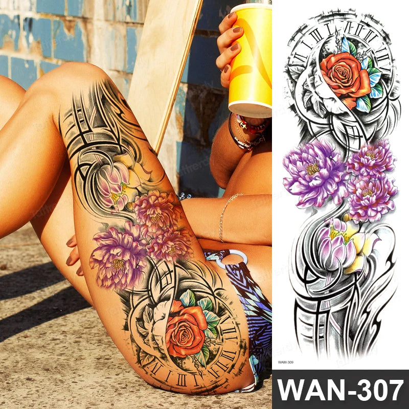 Large Arm Sleeve Tattoo Waterproof Temporary Tattoo Full Arm Body Art Stickers Women Adult Man Tattoo Wolf Lion Head Rose Flower