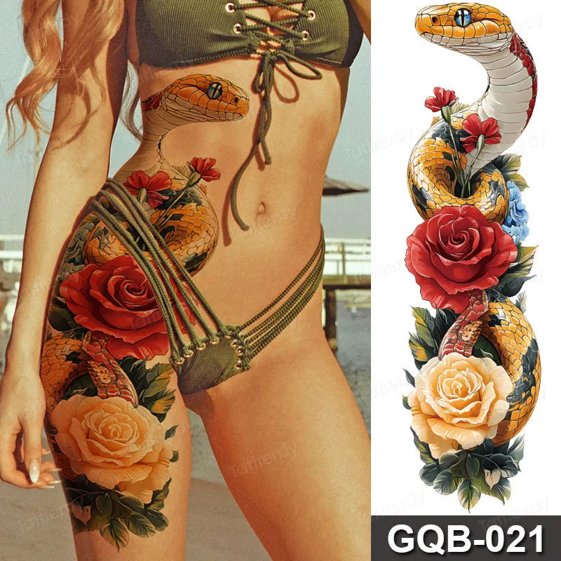 Rose Peony Flower Temporary Tattoo Full Arm Sleeve Leg Thigh Waist Women Body Art Waterproof Tattoo Stickers Large Size 48*17Cm