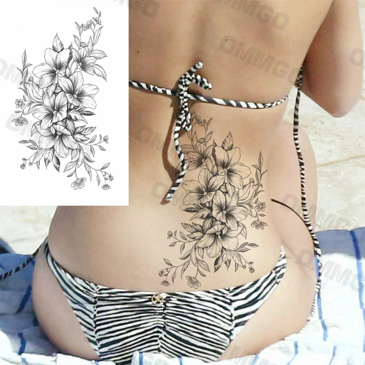 3D Black Mandala Moon Pendant Temporary Tattoos For Women Adult Girl Lotus Rose Flower Fake Tattoo Back Arm Chest Washable Tatoo