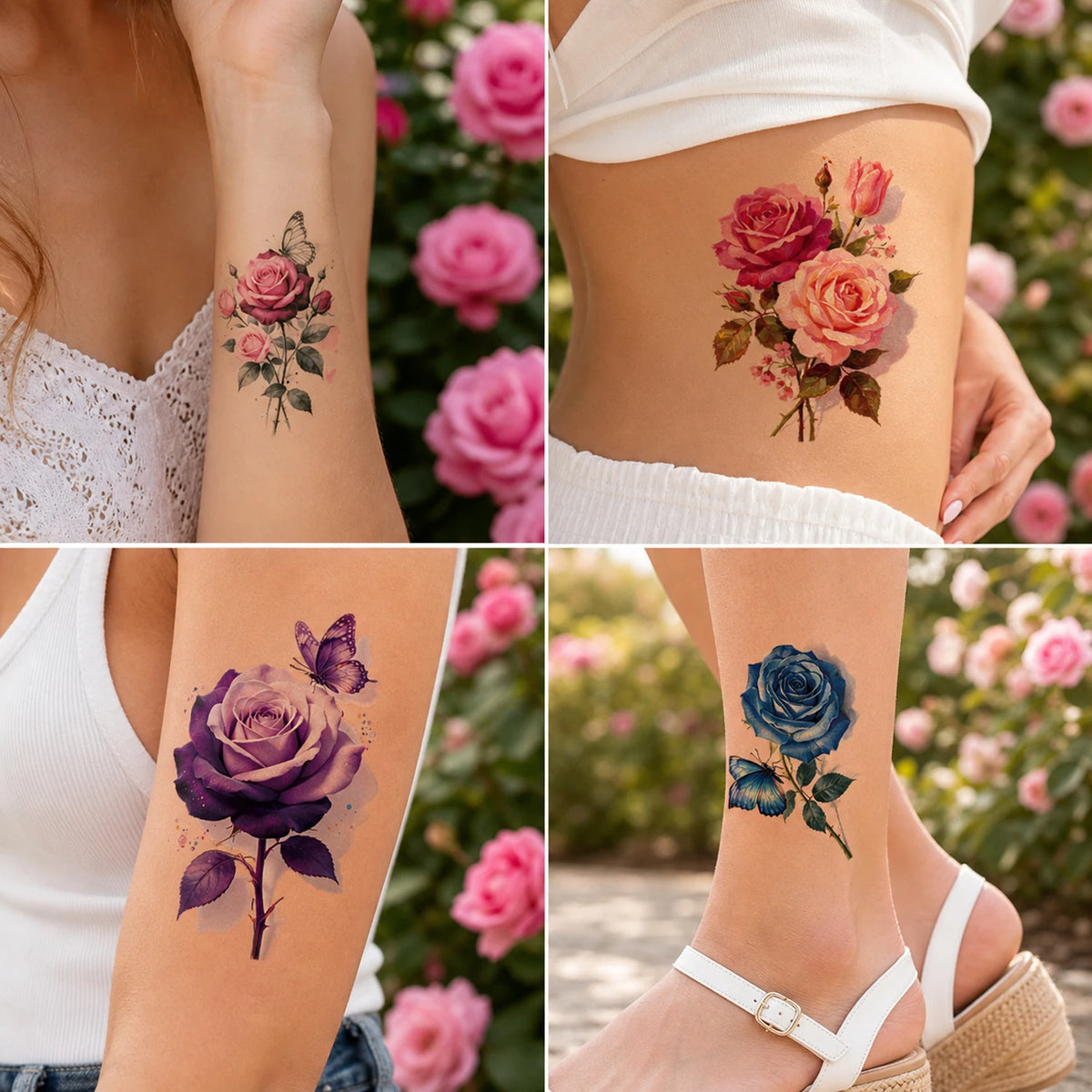 8 Sheets Watercolor Rose Flowers Temporary Tattoos For Women Adults, Realistic Florals Fake Tattoo Stickers , Colorful Bulk Half