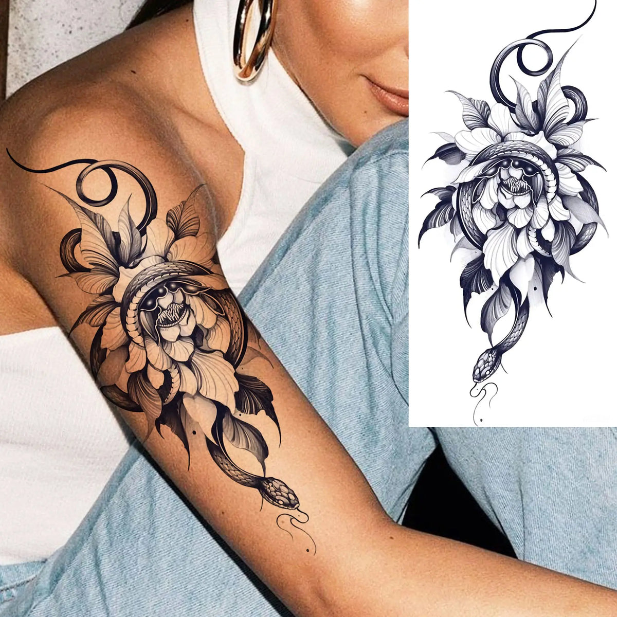 1 Sheet Snake With Rose Flowers Temporary Tattoos For Women Girls Waterproof Realistic Fake Tattoos Long Lasting Arm Leg Sticker