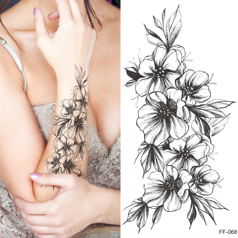 Temporary Tattoo Black Flower Tattoo Sleeves Water Transfer Tatoo Sticker Peony Rose Tattoos Body Art Sexy Tatoo Girl Arm Legs