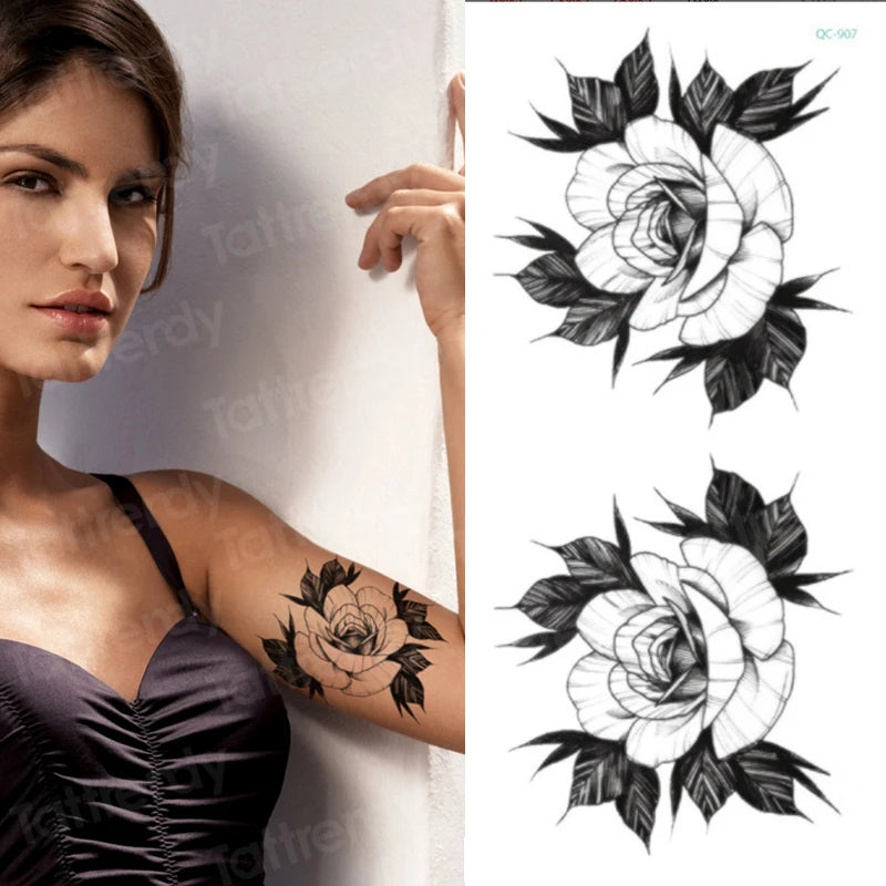 Temporary Tattoo Black Flower Tattoo Sleeves Water Transfer Tatoo Sticker Peony Rose Tattoos Body Art Sexy Tatoo Girl Arm Legs