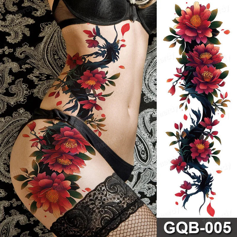 Rose Peony Flower Temporary Tattoo Full Arm Sleeve Leg Thigh Waist Women Body Art Waterproof Tattoo Stickers Large Size 48*17Cm