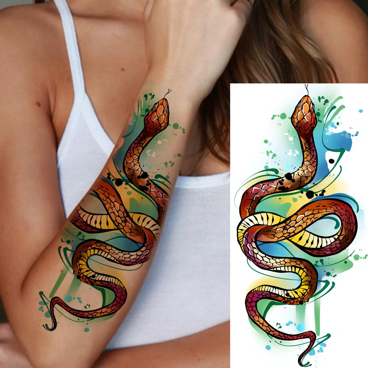 1 Sheet Snake With Rose Flowers Temporary Tattoos For Women Girls Waterproof Realistic Fake Tattoos Long Lasting Arm Leg Sticker