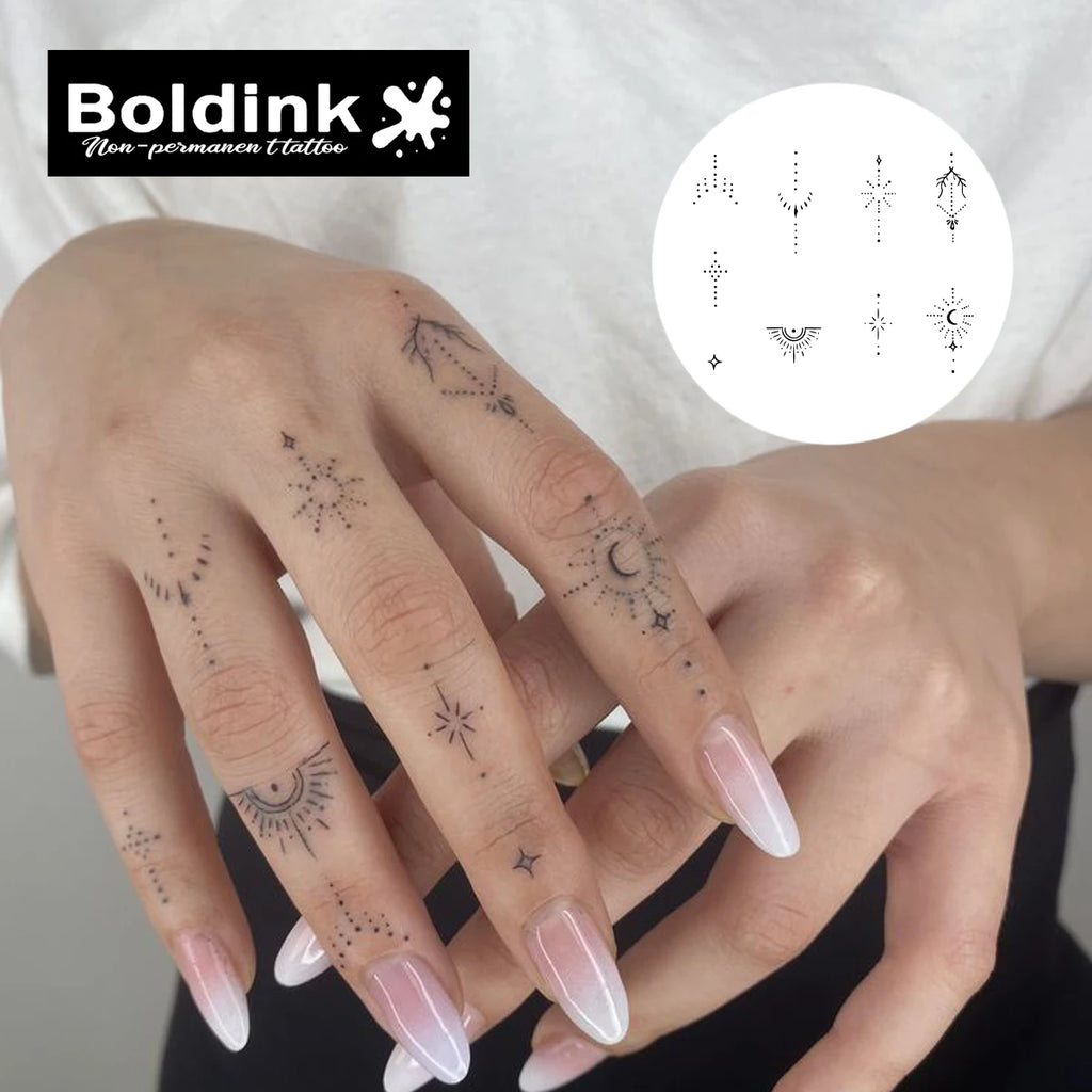 Boldink Delicate Dot-Line Temporary Tattoos, with Star, Moon&Sun Motifs, Waterproof, Mini & Exquisite Finger Stickers