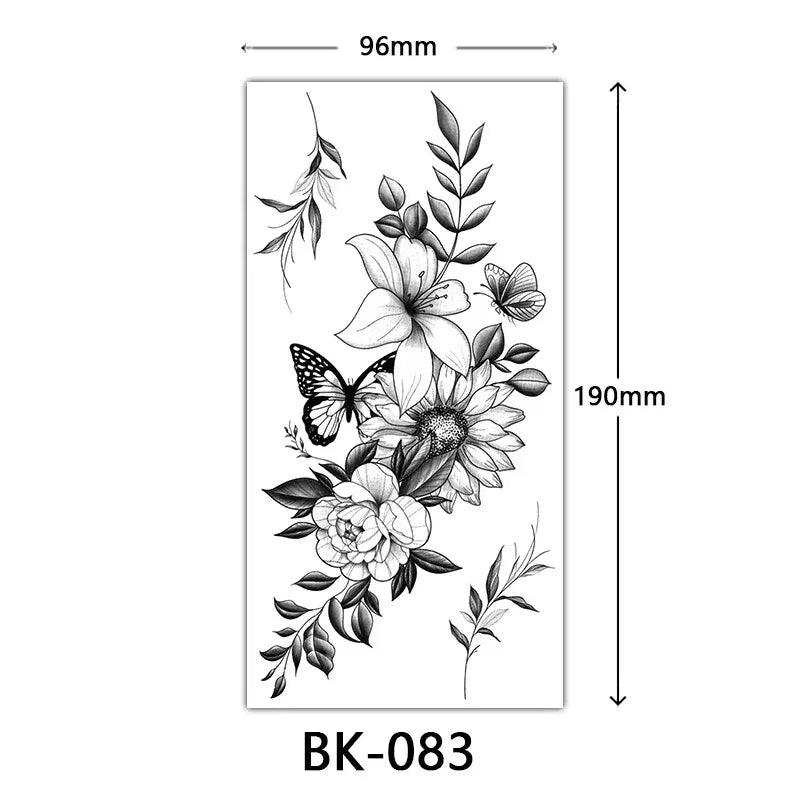 Black Large Flower False Tattoo Sticker For Women Rose Peony Temporary DIY Water Transfer Tattoos Girls Hand Back Body Art