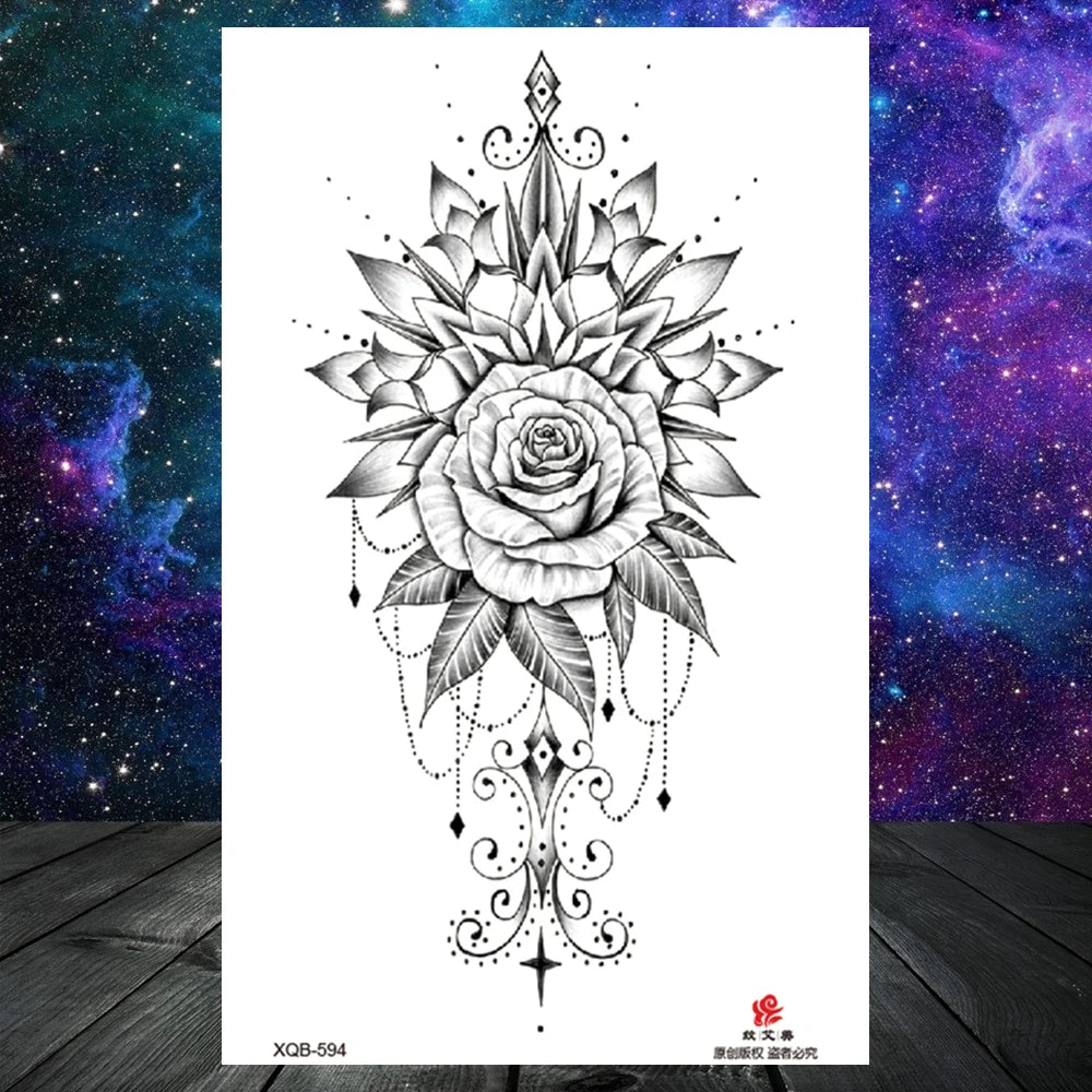 Lotus Flower Temporary Tattoo For Women Girls Snake Peony Lily Rose Chains Tattoos Sticker Black Blossom Fake Transferable Tatoo