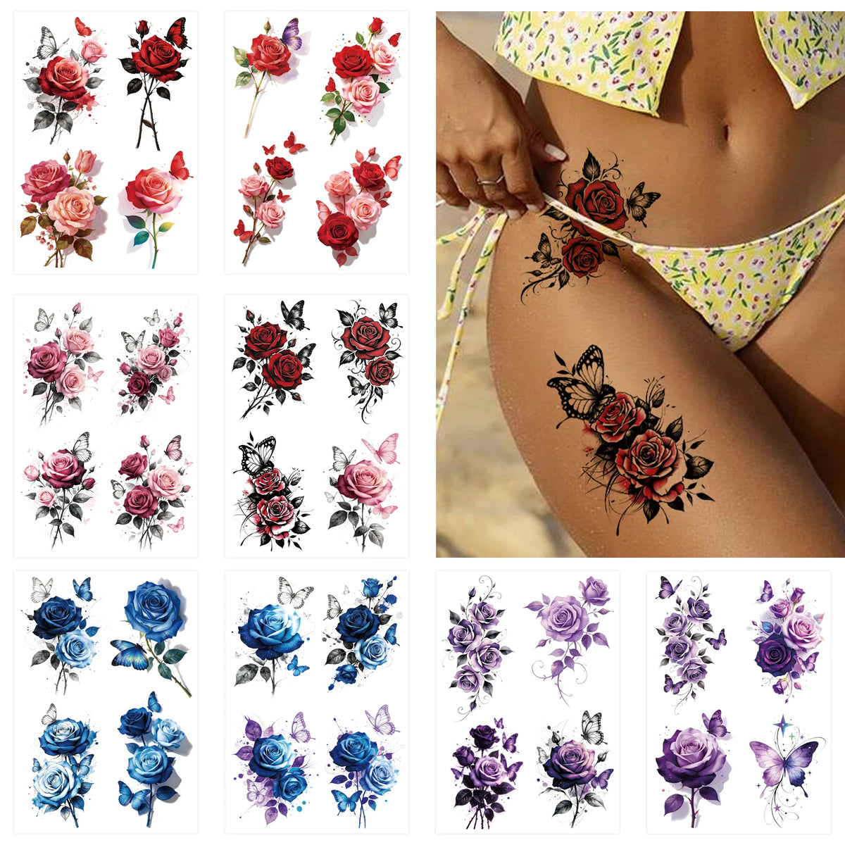 8 Sheets Watercolor Rose Flowers Temporary Tattoos For Women Adults, Realistic Florals Fake Tattoo Stickers , Colorful Bulk Half