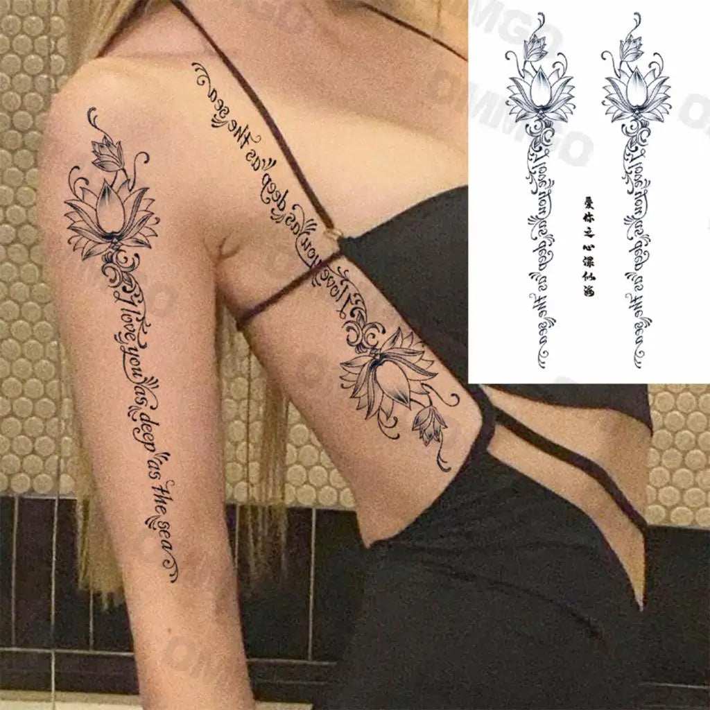 3D Black Mandala Moon Pendant Temporary Tattoos For Women Adult Girl Lotus Rose Flower Fake Tattoo Back Arm Chest Washable Tatoo