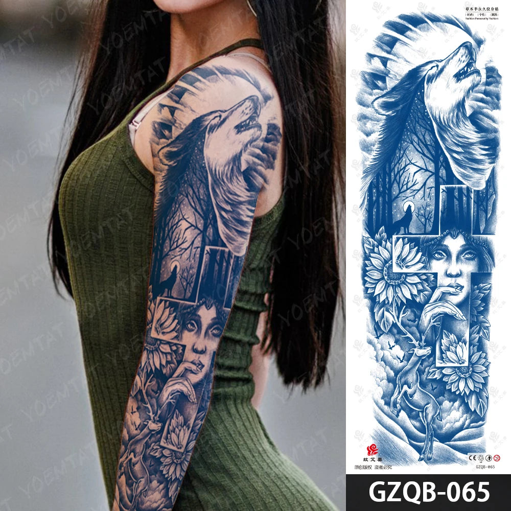 Semi-Permanent Herbal Large Arm Tatto Skull Crown Rose Waterproof Temporary Tattoo Stickers Ink Lasting Fake Tattoos Women Men