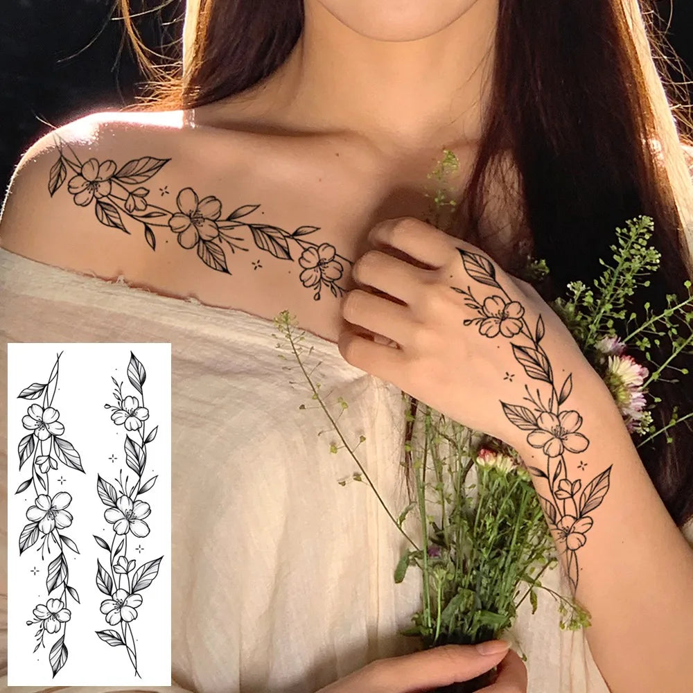 8pcs Realistic Black Rose Peony Temporary Tattoo for Women Waterproof Long-Lasting Floral Sketch Stickers for Arms Legs Body Art