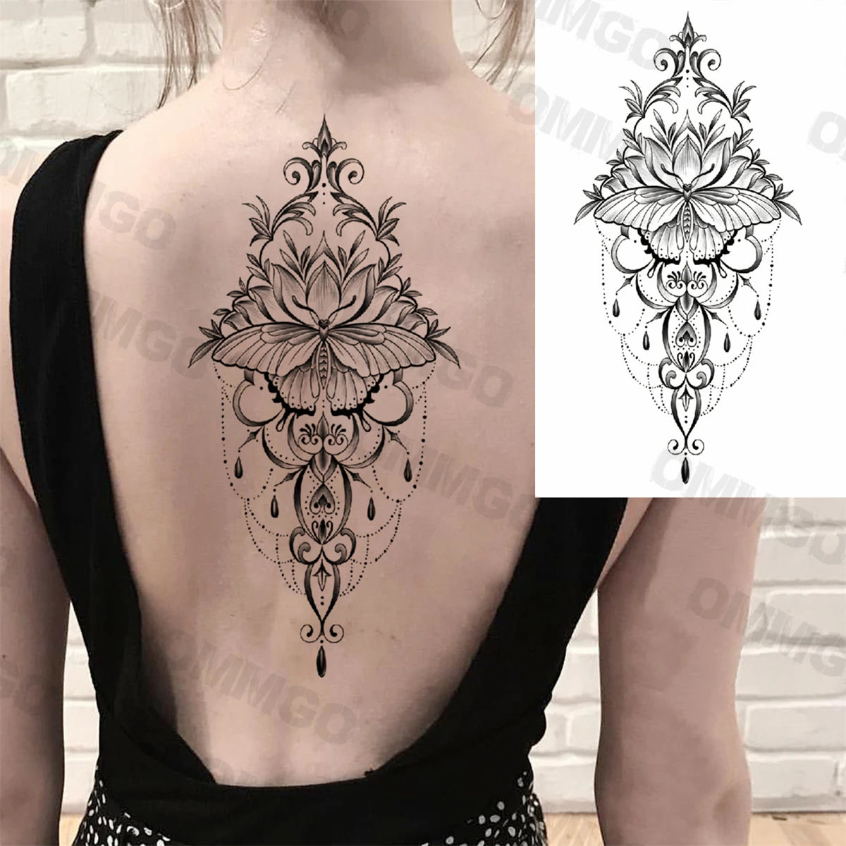 3D Black Mandala Moon Pendant Temporary Tattoos For Women Adult Girl Lotus Rose Flower Fake Tattoo Back Arm Chest Washable Tatoo