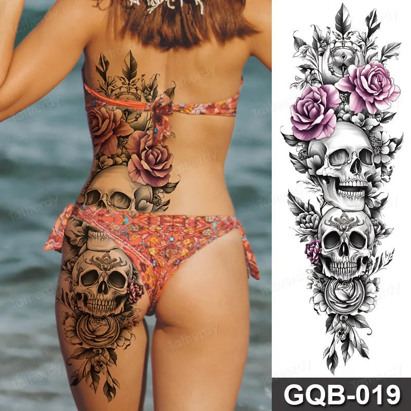 Rose Peony Flower Temporary Tattoo Full Arm Sleeve Leg Thigh Waist Women Body Art Waterproof Tattoo Stickers Large Size 48*17Cm