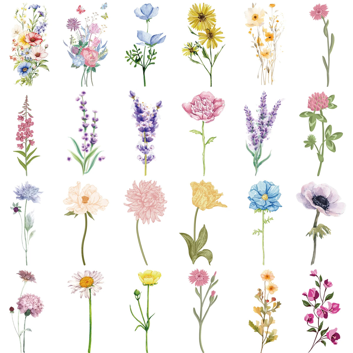 18pcs Watercolor Floral Temporary Tattoos for Women – Realistic Lavender, Rose, Daisy & Wildflower Body Art Stickers, Waterproof