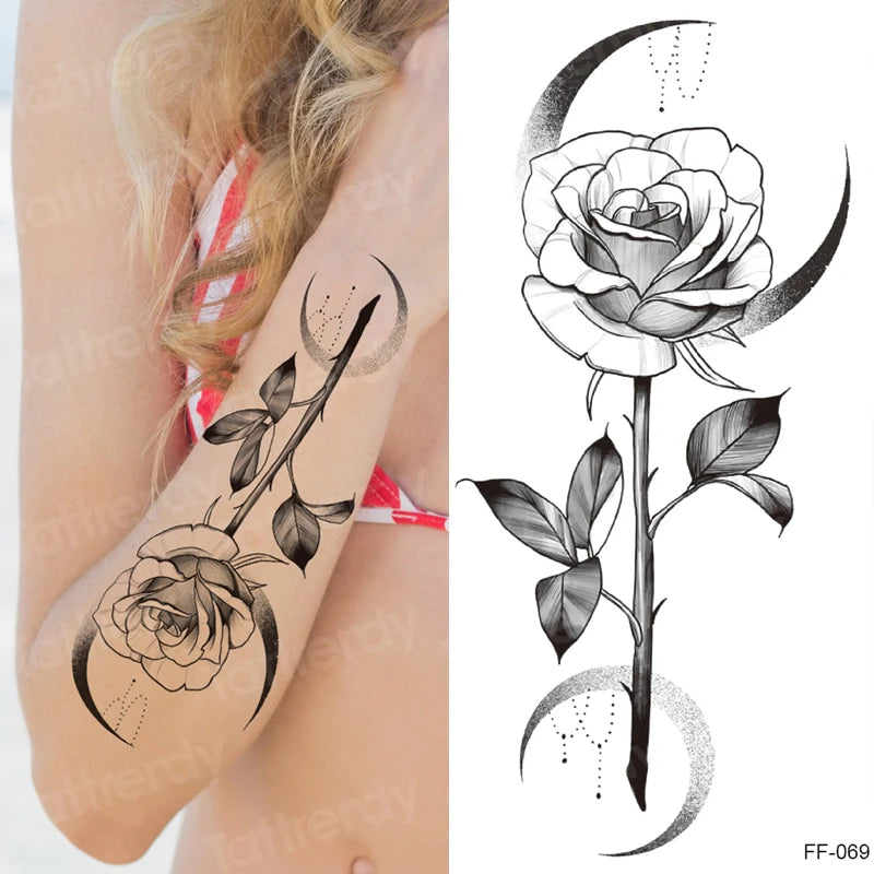 Temporary Tattoo Black Flower Tattoo Sleeves Water Transfer Tatoo Sticker Peony Rose Tattoos Body Art Sexy Tatoo Girl Arm Legs
