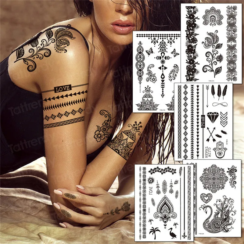 sexy tattoo for women thigh tattoo body art black henna lace tattoo sticker girls leg arm sleeve tatoo stockings waterproof