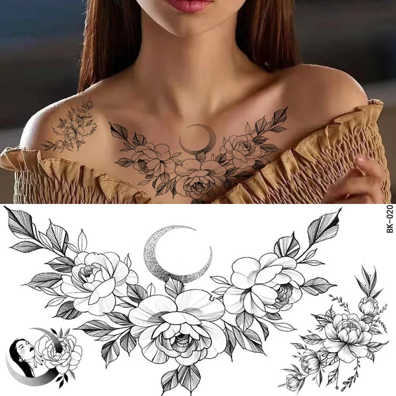 Temporary Rose Flower Skin Tattoo Stickers Removable Blossom Flase Tattoos for Apart Arm and Shoulder Neck Back Flower Tattoos