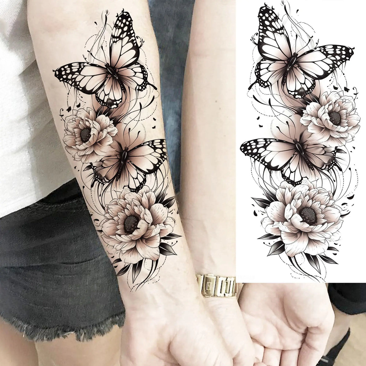 1 Sheet Watercolor Rose Butterfly Temporary Tattoos For Women Realistic Fake Tattoos Waterproof Body Art Tatoo Sticker Last Long