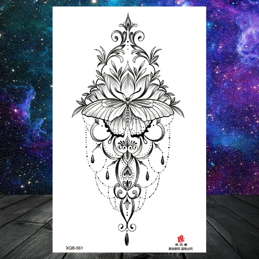 Lotus Flower Temporary Tattoo For Women Girls Snake Peony Lily Rose Chains Tattoos Sticker Black Blossom Fake Transferable Tatoo