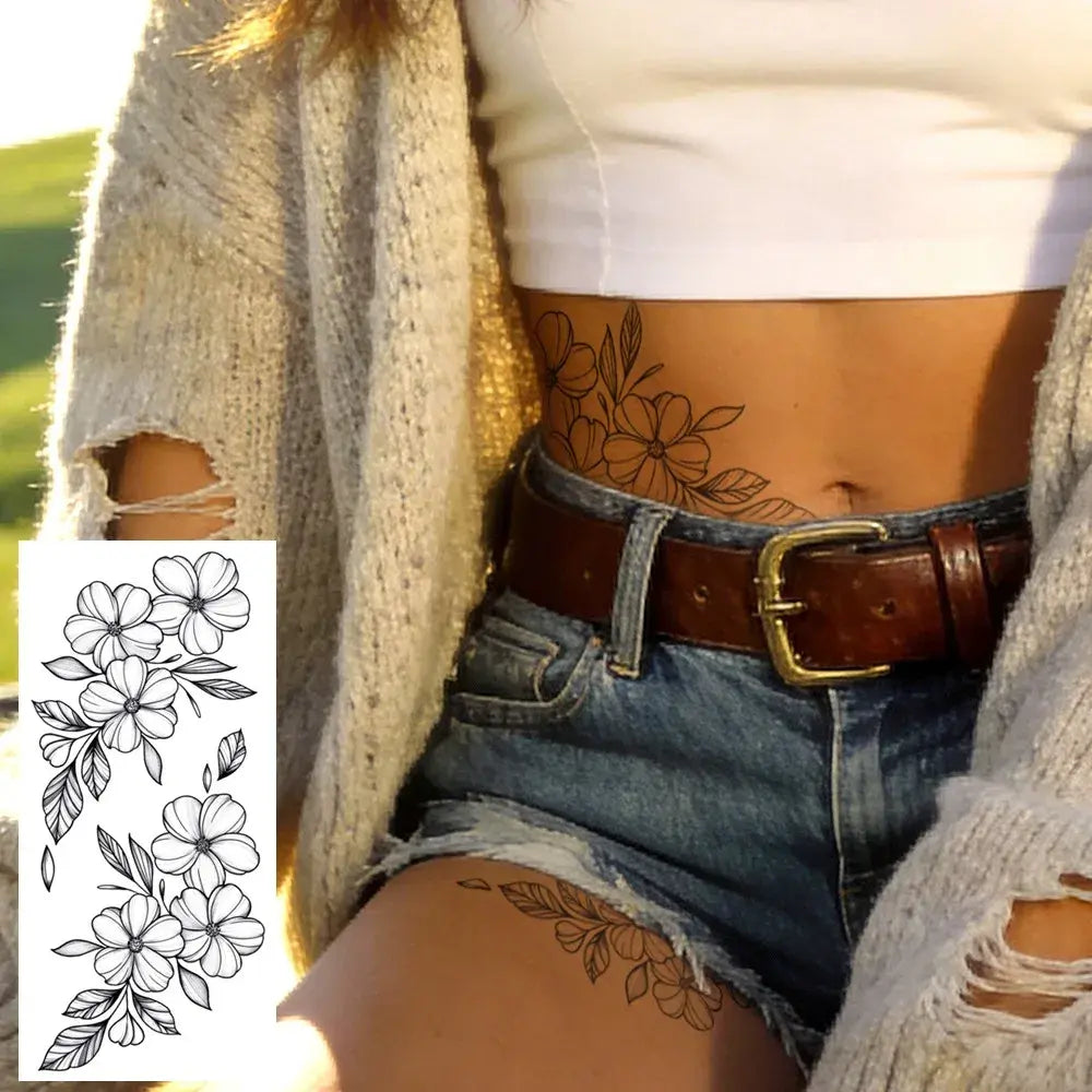 8pcs Realistic Black Rose Peony Temporary Tattoo for Women Waterproof Long-Lasting Floral Sketch Stickers for Arms Legs Body Art