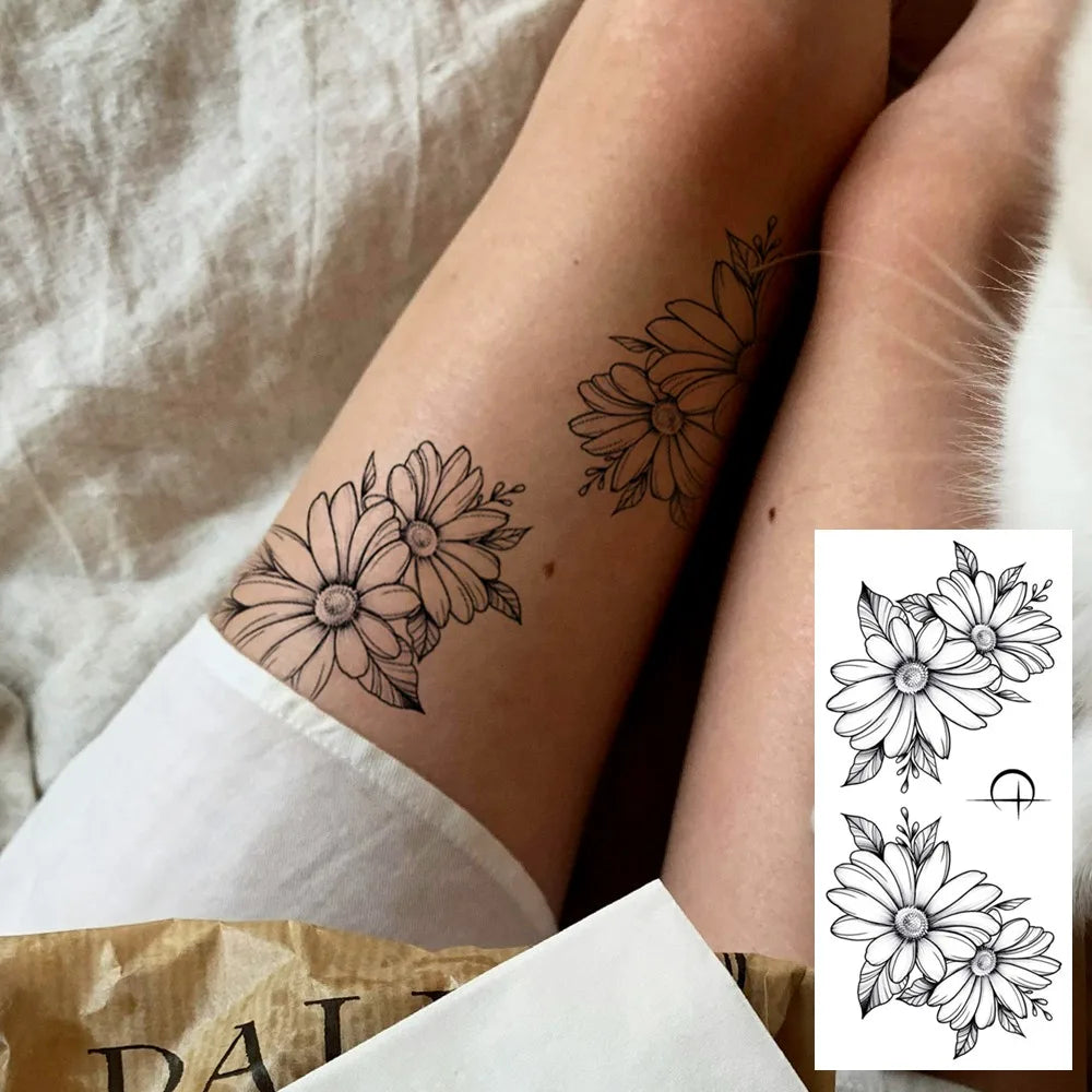 8pcs Realistic Black Rose Peony Temporary Tattoo for Women Waterproof Long-Lasting Floral Sketch Stickers for Arms Legs Body Art