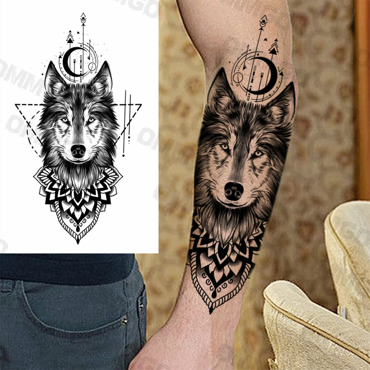 3D Black Mandala Moon Pendant Temporary Tattoos For Women Adult Girl Lotus Rose Flower Fake Tattoo Back Arm Chest Washable Tatoo