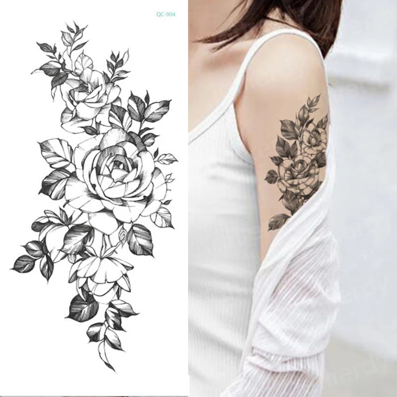 Temporary Tattoo Black Flower Tattoo Sleeves Water Transfer Tatoo Sticker Peony Rose Tattoos Body Art Sexy Tatoo Girl Arm Legs