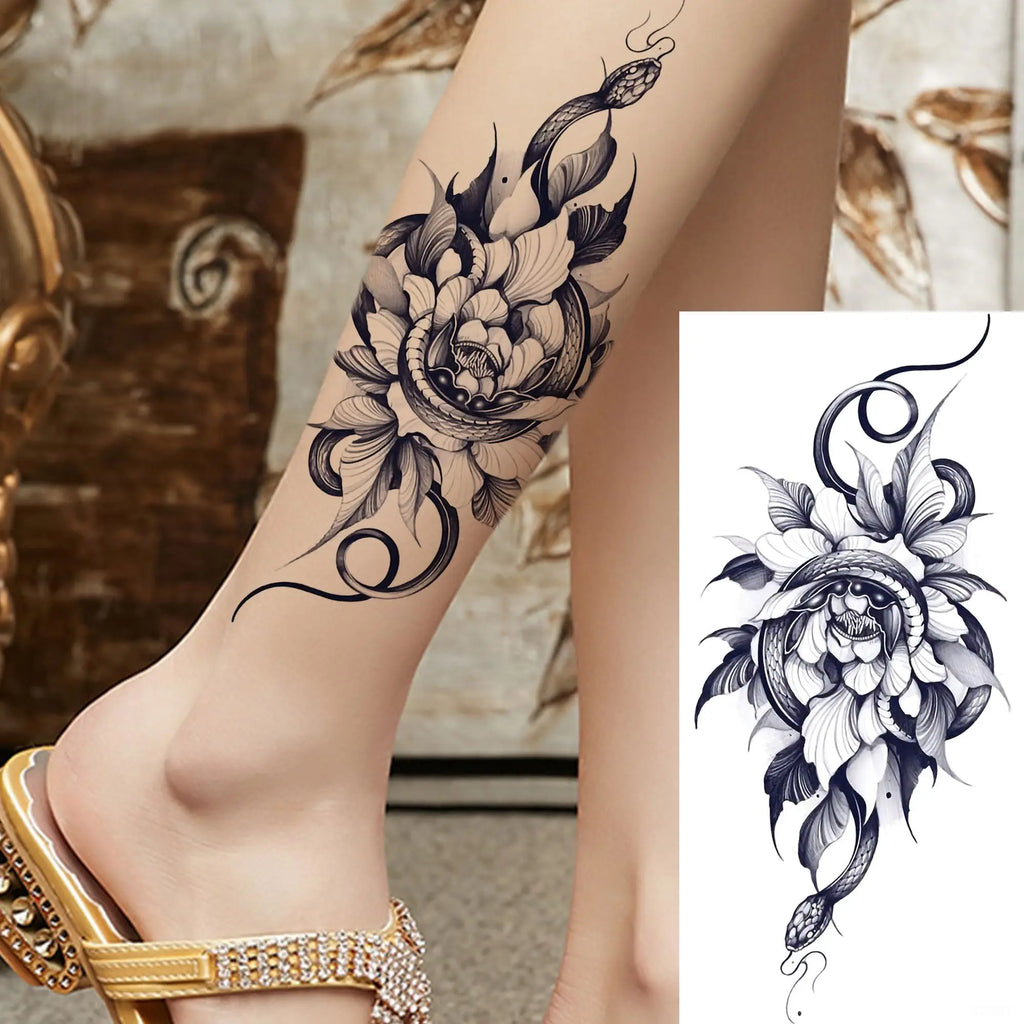 1 Sheet Snake With Rose Flowers Temporary Tattoos For Women Girls Waterproof Realistic Fake Tattoos Long Lasting Arm Leg Sticker