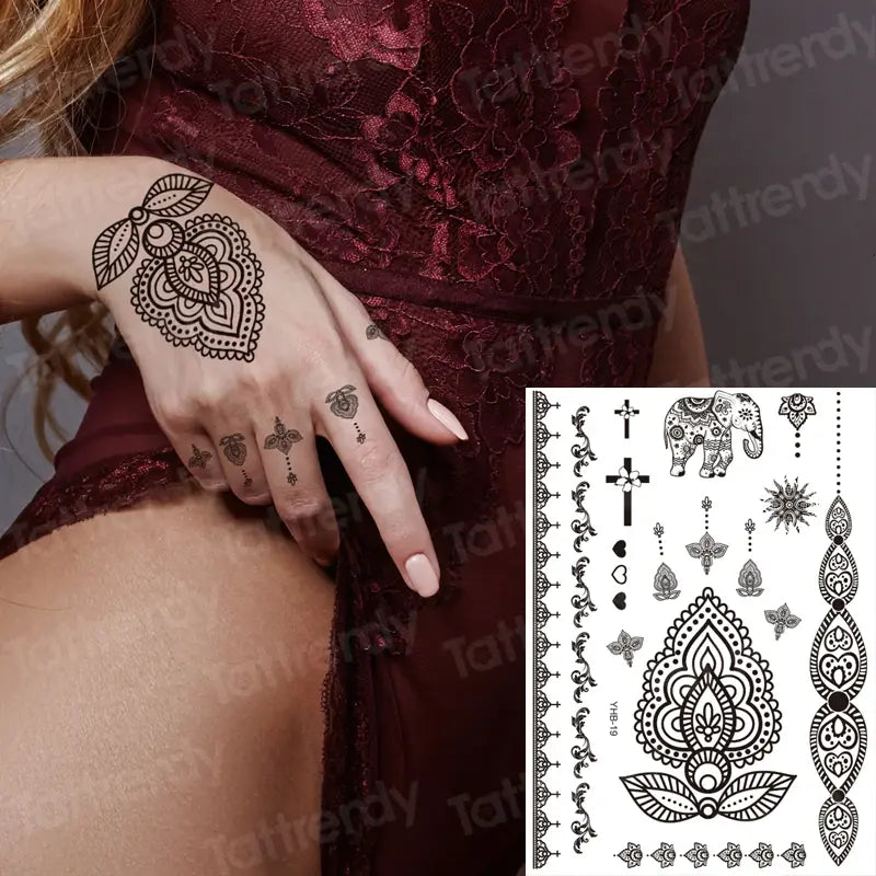 sexy tattoo for women thigh tattoo body art black henna lace tattoo sticker girls leg arm sleeve tatoo stockings waterproof
