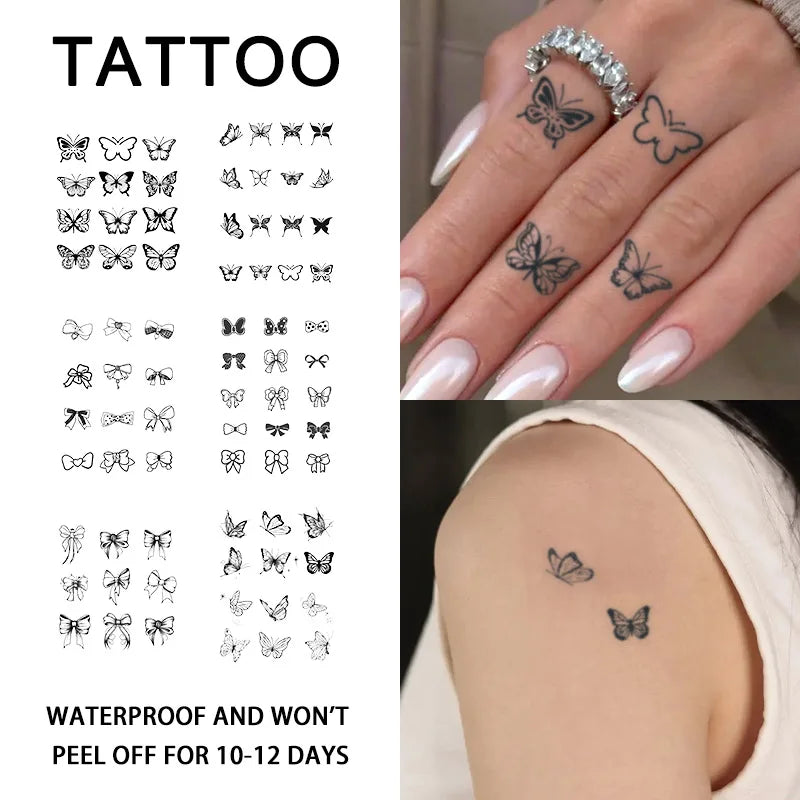 6Pcs Bow and Butterfly Waterproof Temporary Tattoo Stickers, Long-lasting Waterproof for One to Two Weeks, For Arm, Palm, Finger