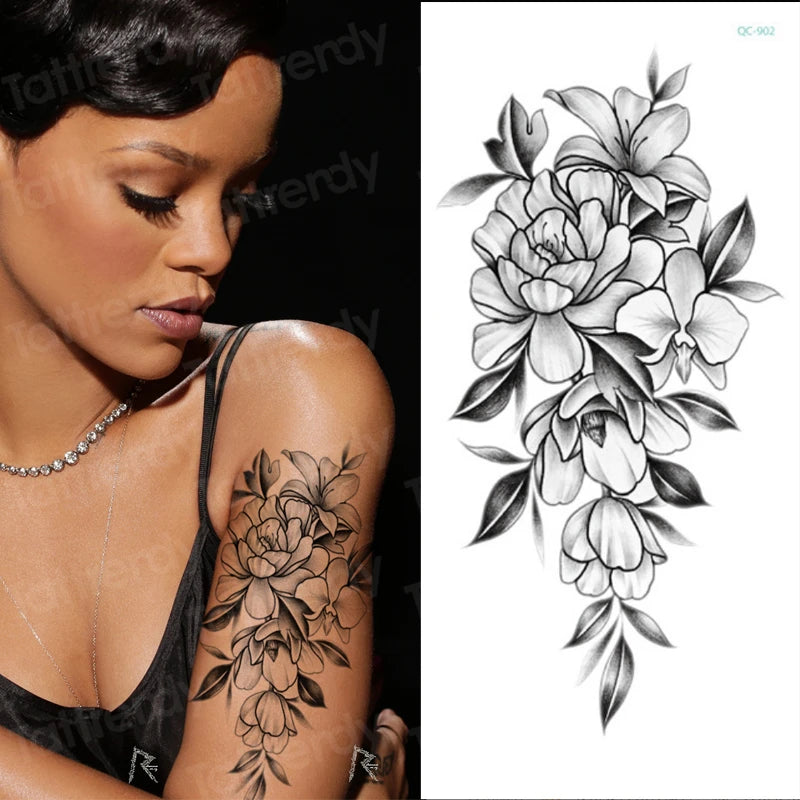 Temporary Tattoo Black Flower Tattoo Sleeves Water Transfer Tatoo Sticker Peony Rose Tattoos Body Art Sexy Tatoo Girl Arm Legs