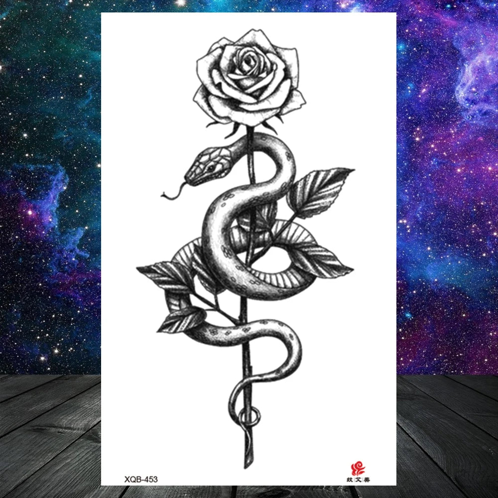 Lotus Flower Temporary Tattoo For Women Girls Snake Peony Lily Rose Chains Tattoos Sticker Black Blossom Fake Transferable Tatoo