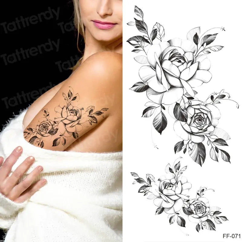 Temporary Tattoo Black Flower Tattoo Sleeves Water Transfer Tatoo Sticker Peony Rose Tattoos Body Art Sexy Tatoo Girl Arm Legs