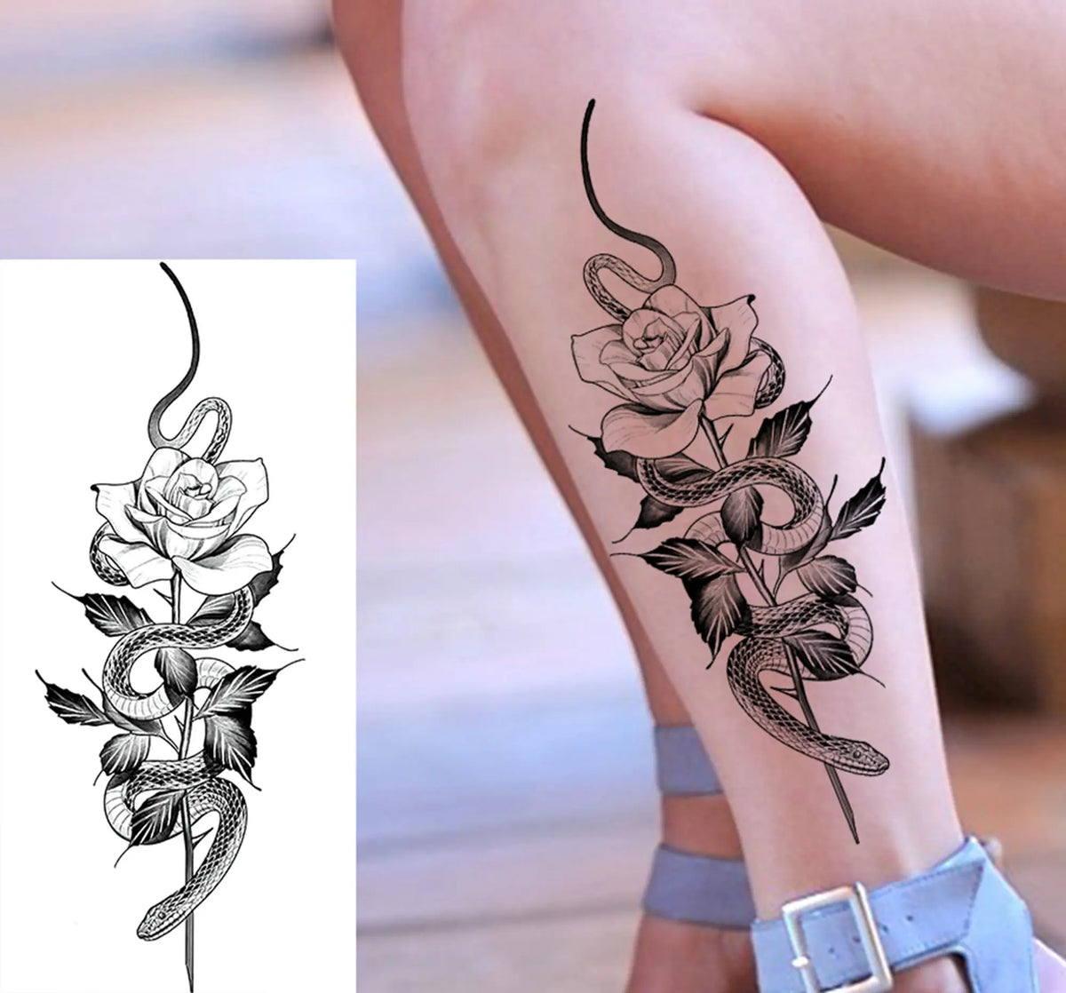 1 Sheet Snake With Rose Flowers Temporary Tattoos For Women Girls Waterproof Realistic Fake Tattoos Long Lasting Arm Leg Sticker