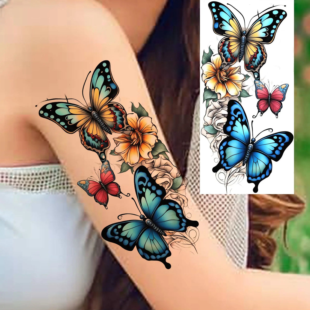 1 Sheet Watercolor Rose Butterfly Temporary Tattoos For Women Realistic Fake Tattoos Waterproof Body Art Tatoo Sticker Last Long