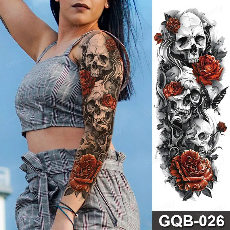 Rose Peony Flower Temporary Tattoo Full Arm Sleeve Leg Thigh Waist Women Body Art Waterproof Tattoo Stickers Large Size 48*17Cm