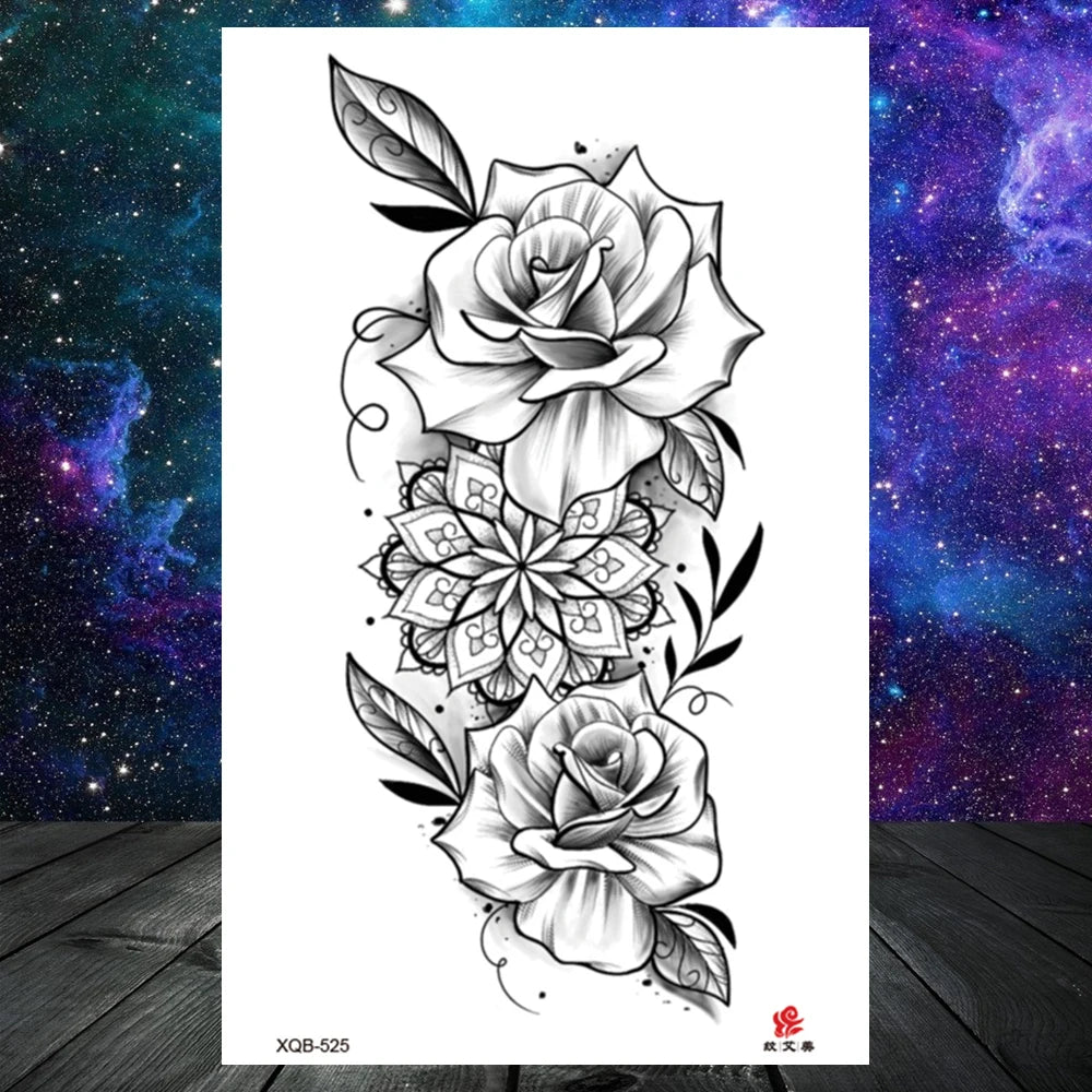 Lotus Flower Temporary Tattoo For Women Girls Snake Peony Lily Rose Chains Tattoos Sticker Black Blossom Fake Transferable Tatoo