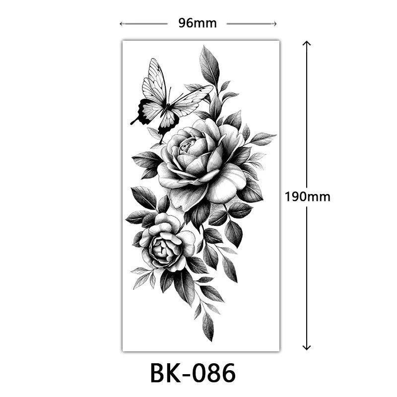Black Large Flower False Tattoo Sticker For Women Rose Peony Temporary DIY Water Transfer Tattoos Girls Hand Back Body Art
