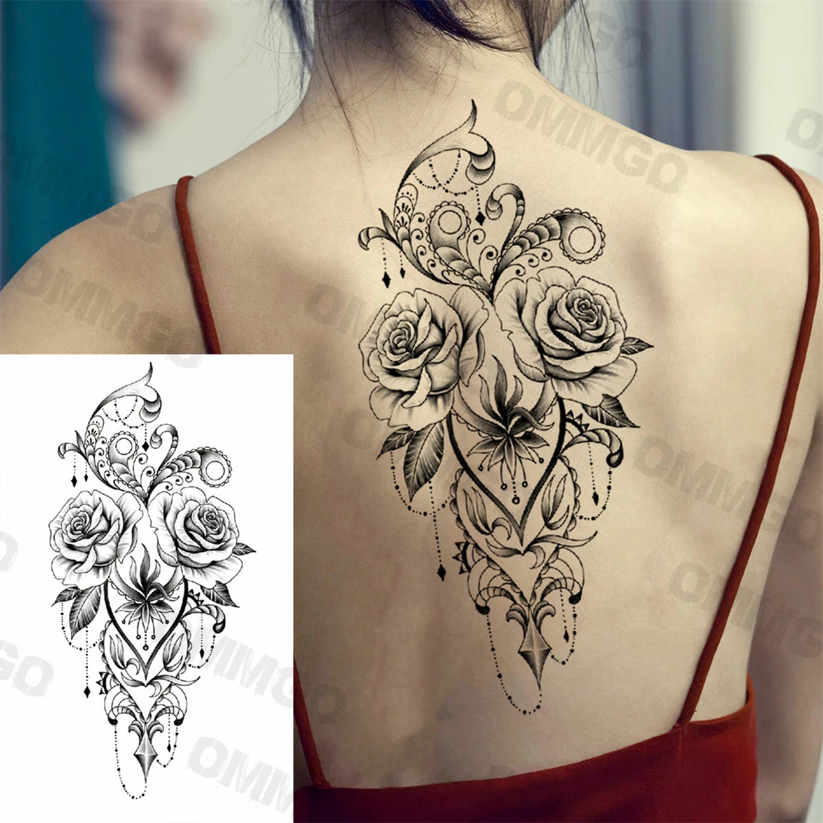 3D Black Mandala Moon Pendant Temporary Tattoos For Women Adult Girl Lotus Rose Flower Fake Tattoo Back Arm Chest Washable Tatoo