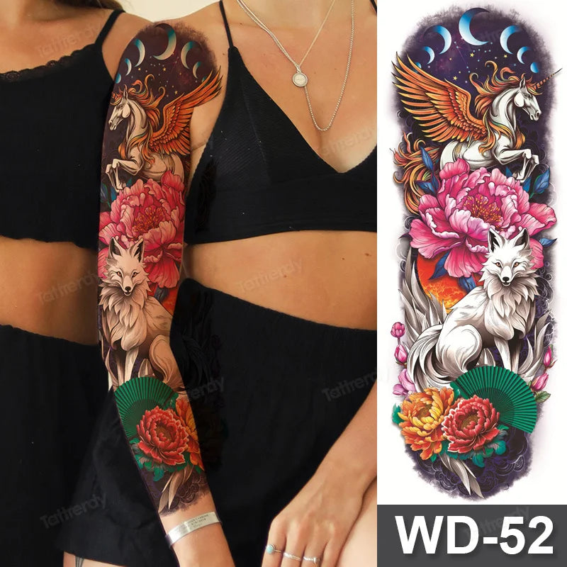 Large Arm Sleeve Tattoo Waterproof Temporary Tattoo Full Arm Body Art Stickers Women Adult Man Tattoo Wolf Lion Head Rose Flower