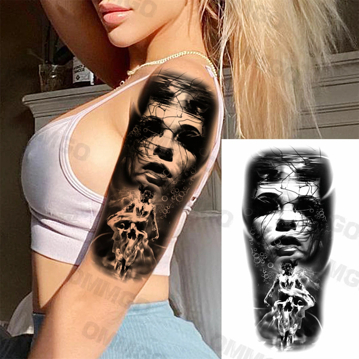 3D Black Mandala Moon Pendant Temporary Tattoos For Women Adult Girl Lotus Rose Flower Fake Tattoo Back Arm Chest Washable Tatoo