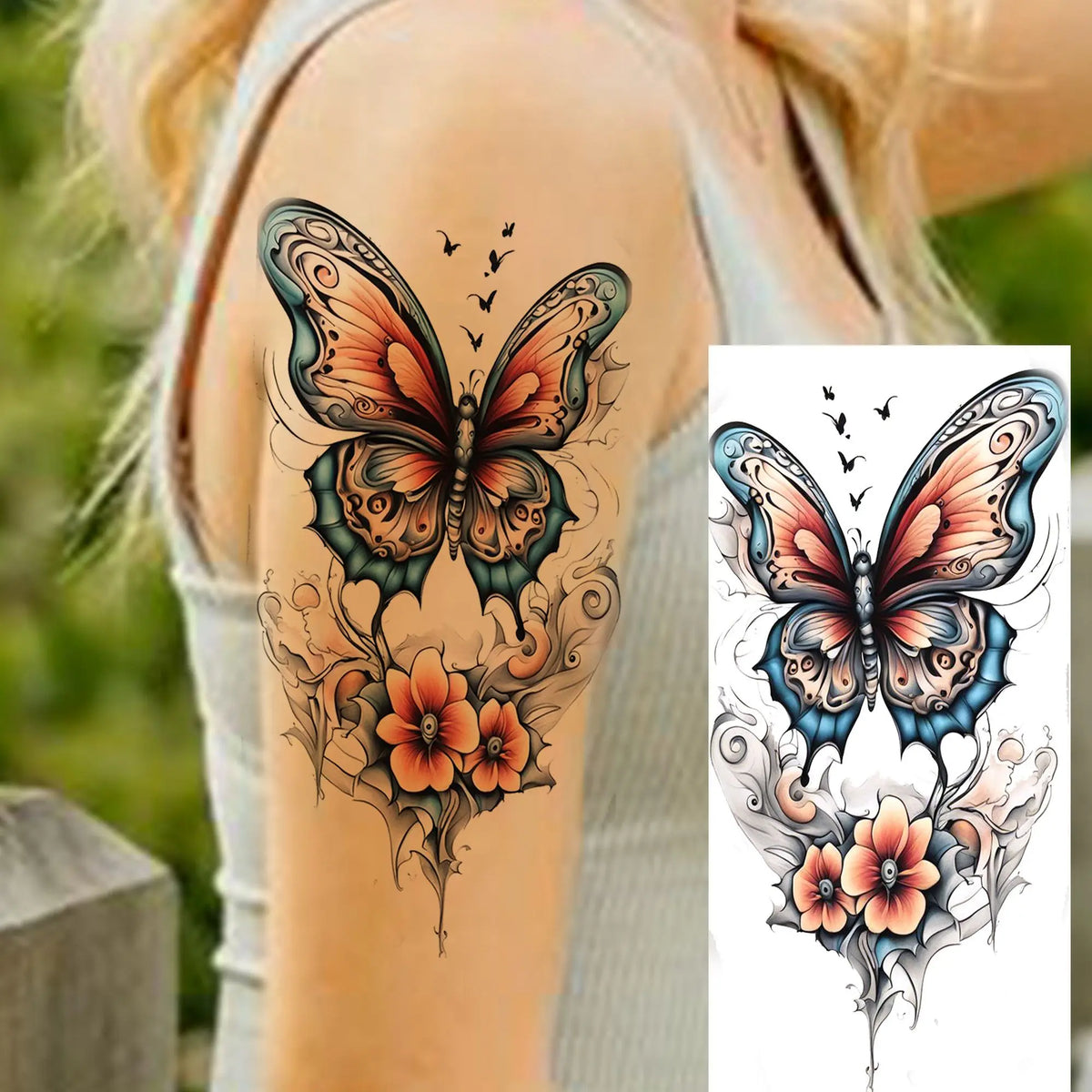 1 Sheet Watercolor Rose Butterfly Temporary Tattoos For Women Realistic Fake Tattoos Waterproof Body Art Tatoo Sticker Last Long