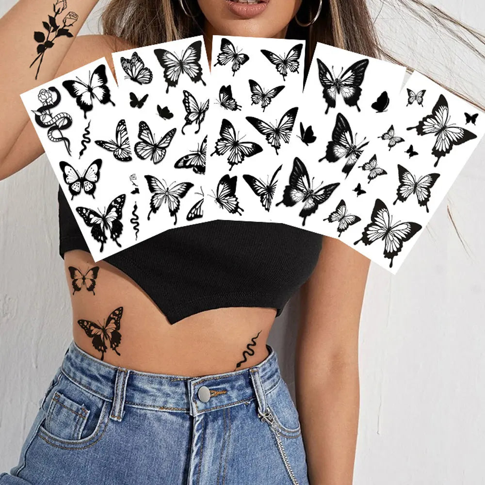 Black Butterfly Temporary Tattoos for Women Men Waterproof Snake Tattoo Stickers for Hand Arm Fake Tattoo Body Decor